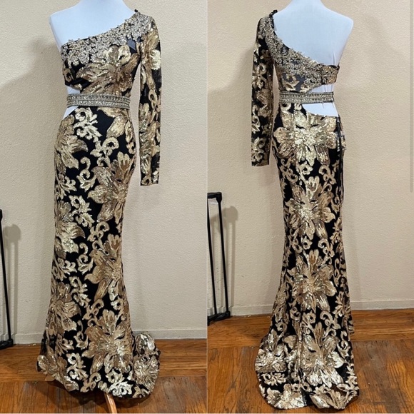 NWT NEW Panoply 14847 black gold floral sequins one shoulder formal gown - Picture 3 of 5